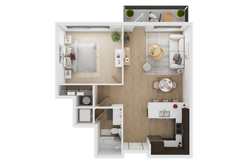 A top-down view of a small, neatly organized apartment with a kitchen, living room, and bedroom  at Spyglass Hill Apartments, Bremerton, 98337